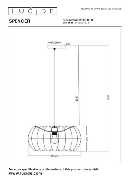 Lucide SPENCER - Hanglamp - Ø 40 cm - 1xE27 - Grijs - technisch